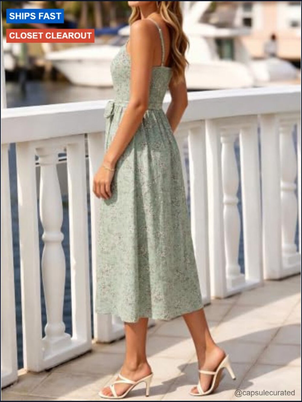 Spaghetti Strap Midi Dress Smocked Back with Belt Pockets Flowy Boho - Picture 3 of 7